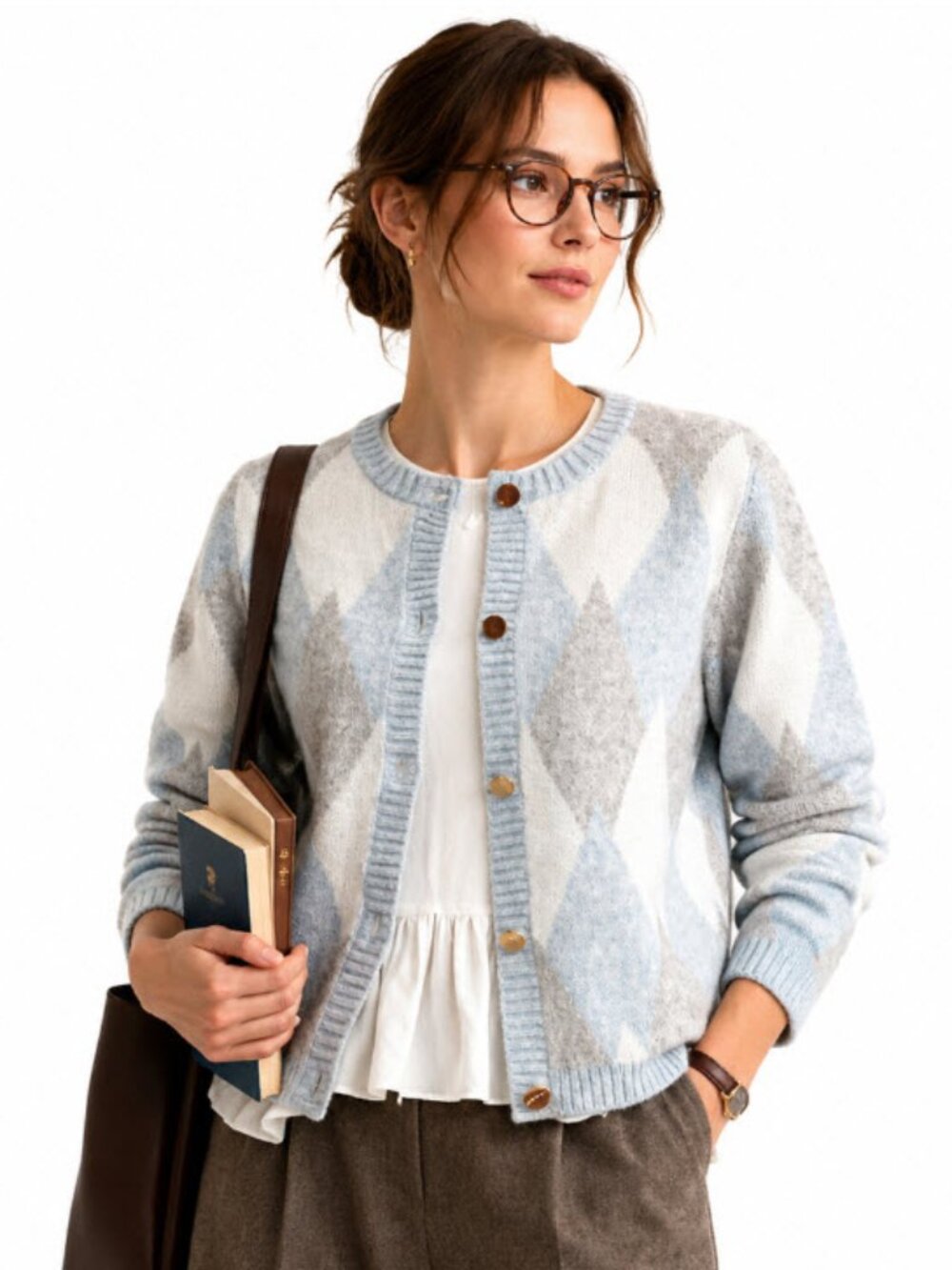 Soft Academia Argyle Cardigan Gold Button Knit Sweater Medium